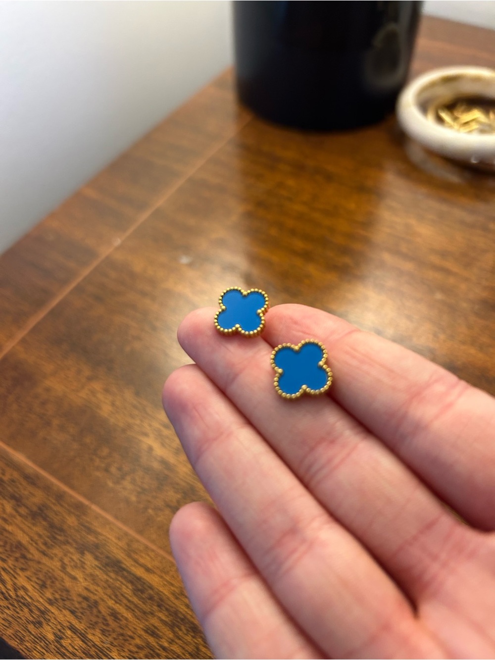Blue Clover Stud Earrings with Gold Beaded Edge